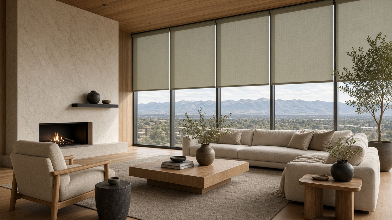 Living room with custom solar roller shades